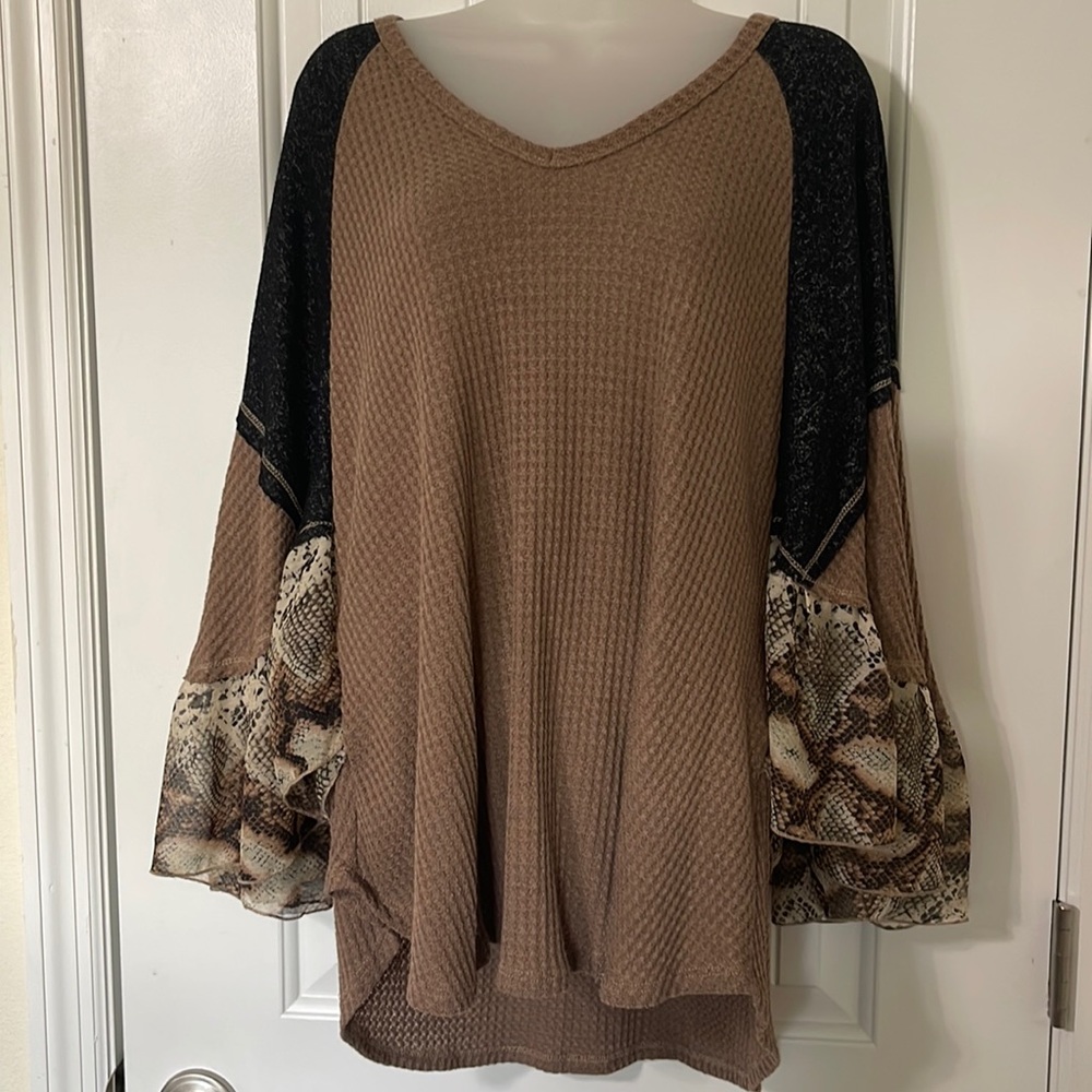 Lilyful Brown and Black Snake Print Ruffle Sleeved Top.
